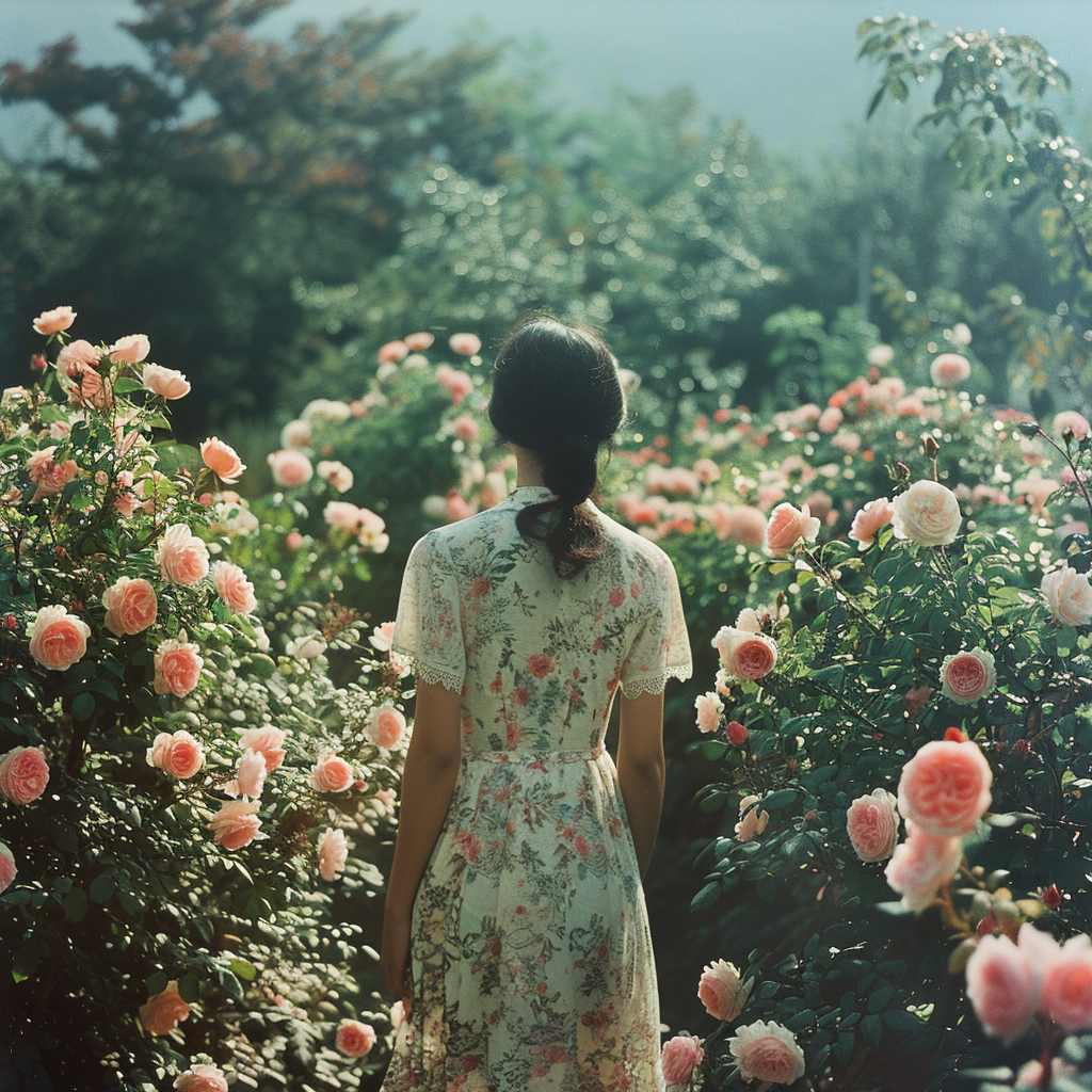 Mujer camina entre arbustos de rosas del jardín de la abuela | Fuente: Midjourney