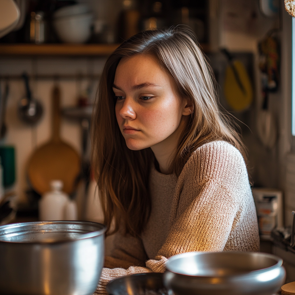 Una mujer parece agotada tras limpiar una cocina | Fuente: Midjourney