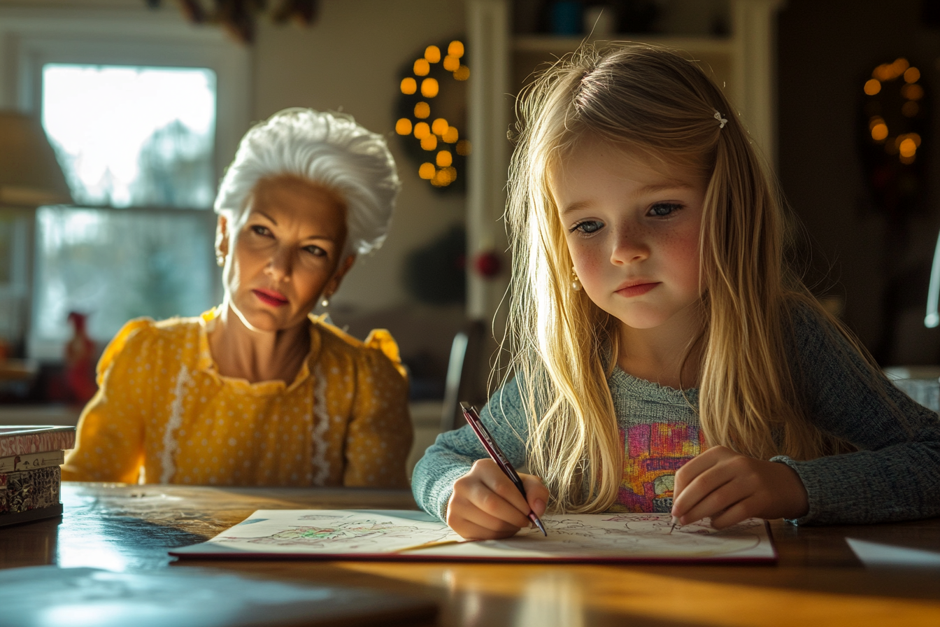 Una niña rubia coloreando con una elegante mujer de unos 60 años sentada a su lado con cara de preocupación | Fuente: Midjourney