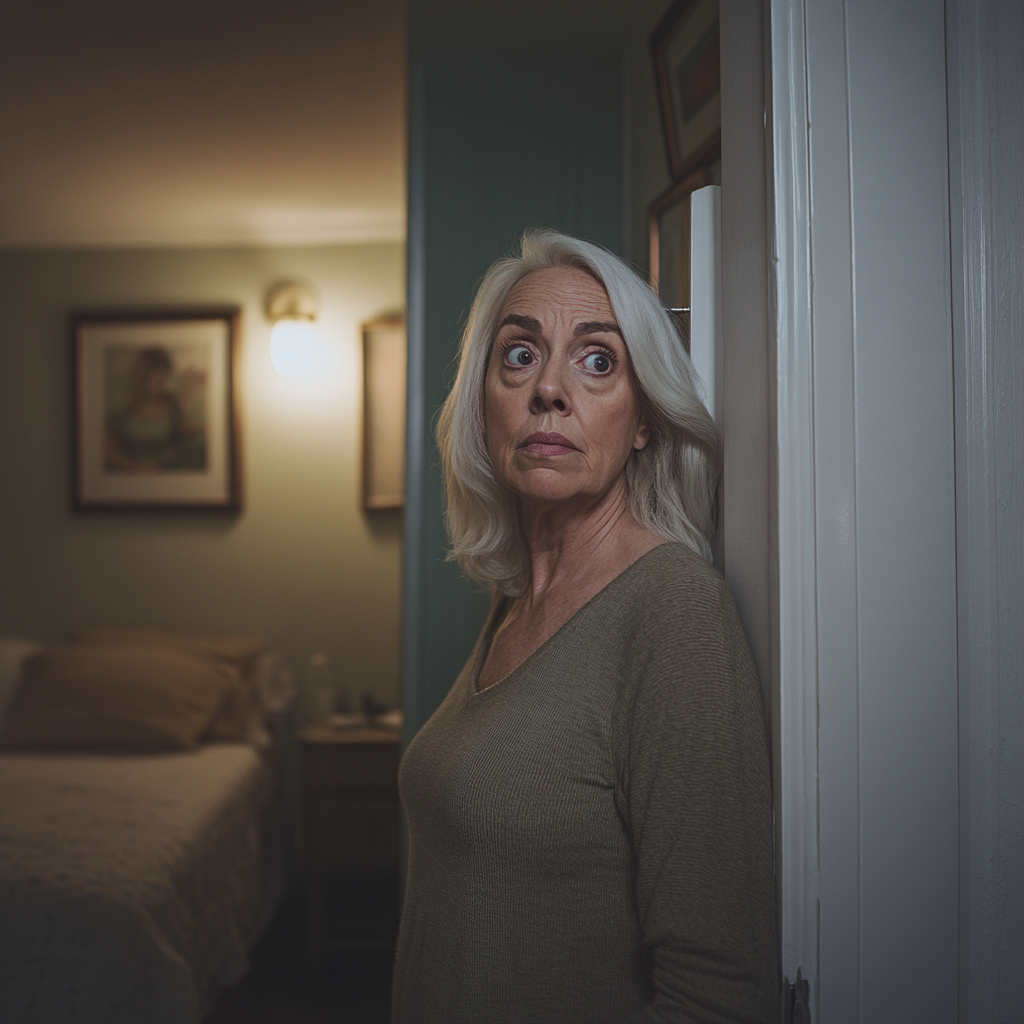 Una mujer mirando la puerta cerrada del baño de su habitación | Fuente: Midjourney