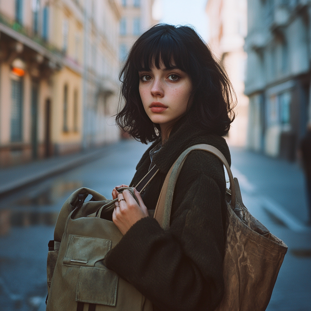 Una mujer nerviosa sujetando una vieja bolsa | Fuente: Midjourney