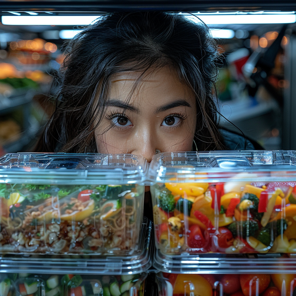 Mujer joven mirando envases de plástico en el frigorífico | Foto: Midjourney