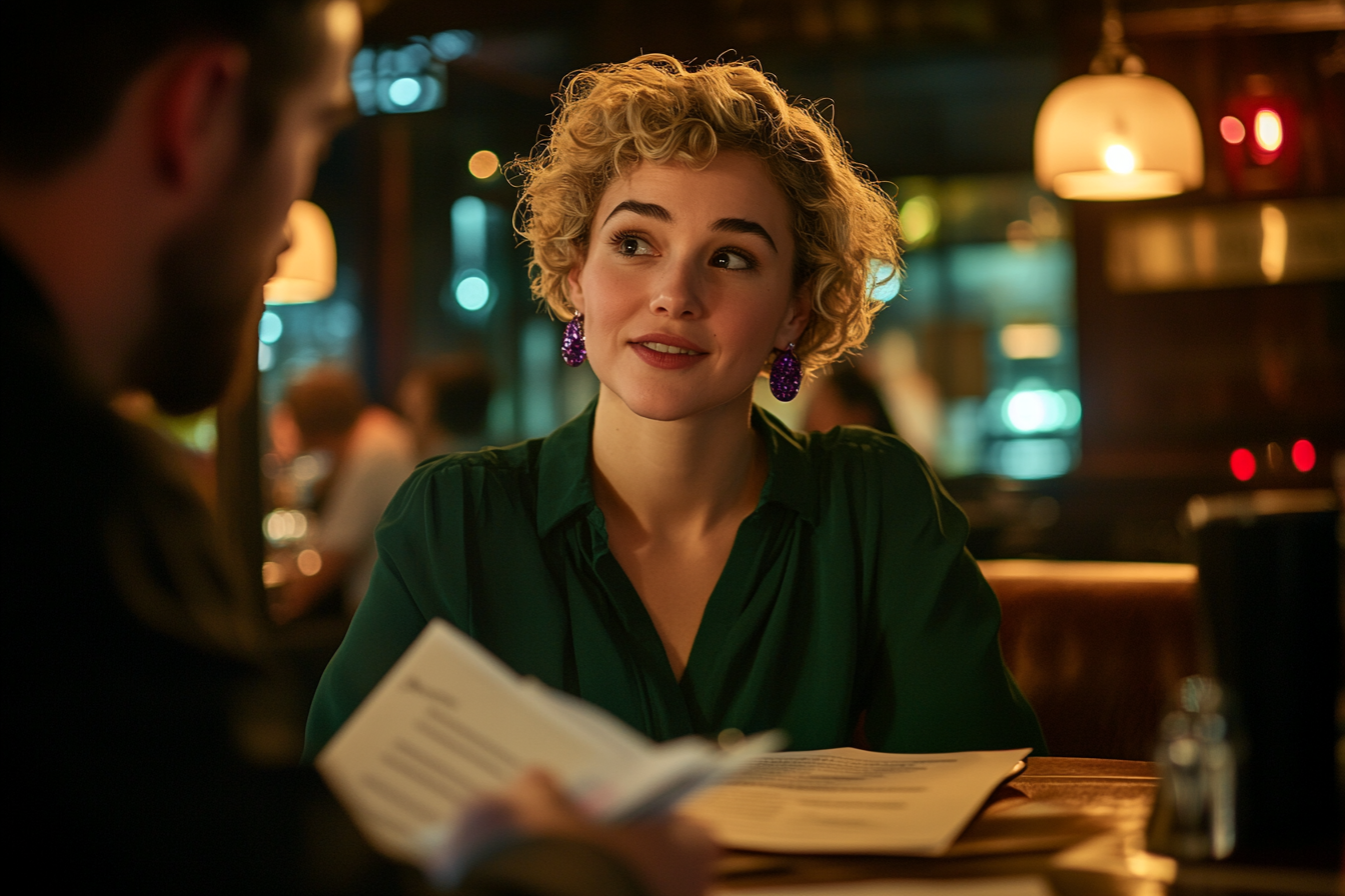 Una pareja sentada en una mesa de un restaurante, sonriendo y mirando papeles | Fuente: Midjourney