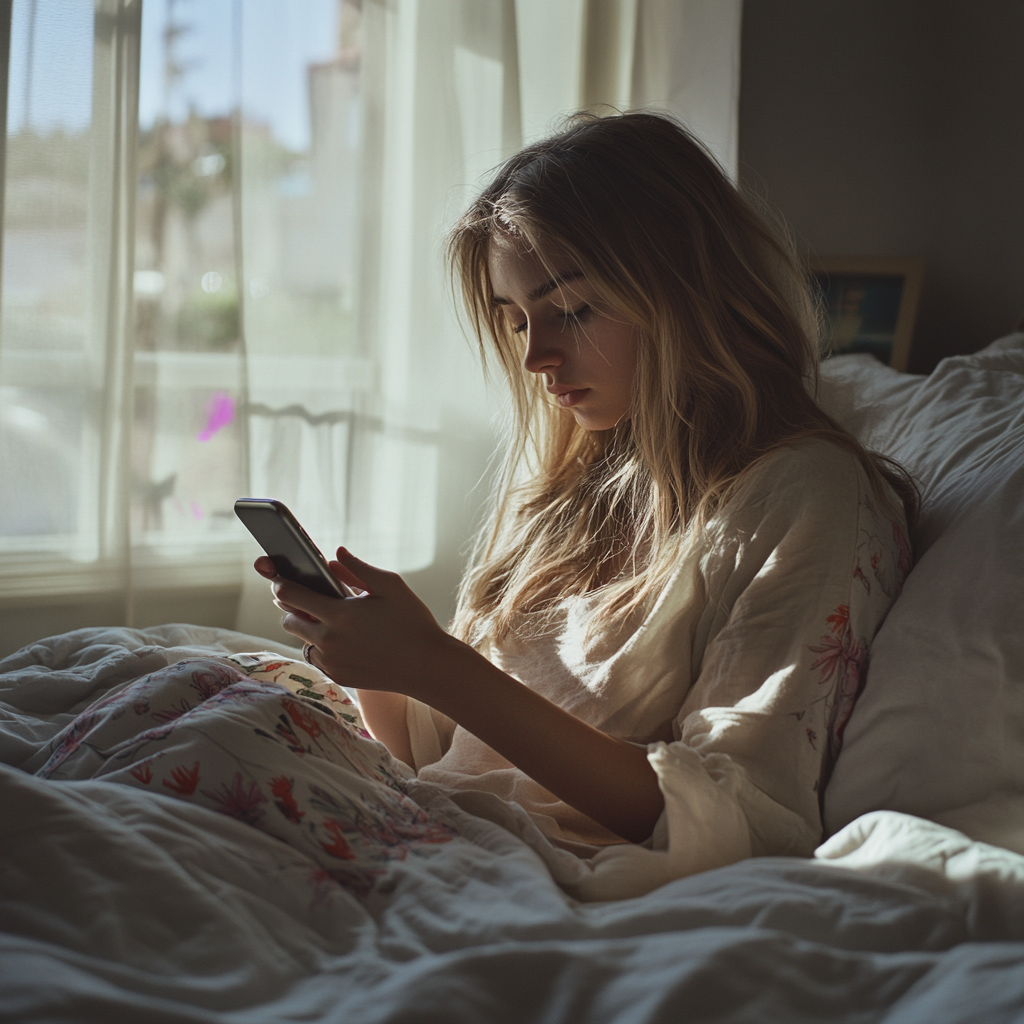 Mujer joven utilizando su teléfono mientras está en la cama | Fuente: Midjourney