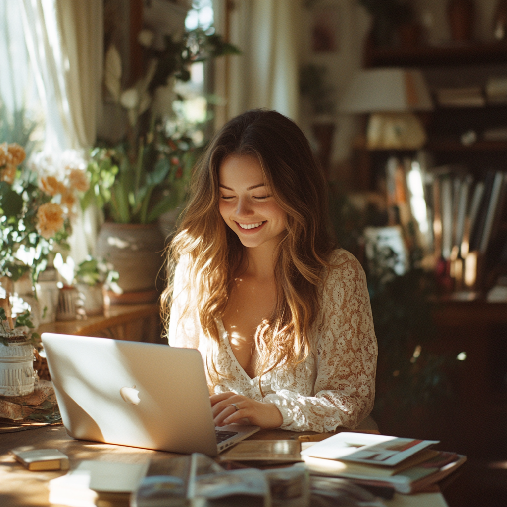 Una mujer trabajando en una lista de invitados | Fuente: Midjourney