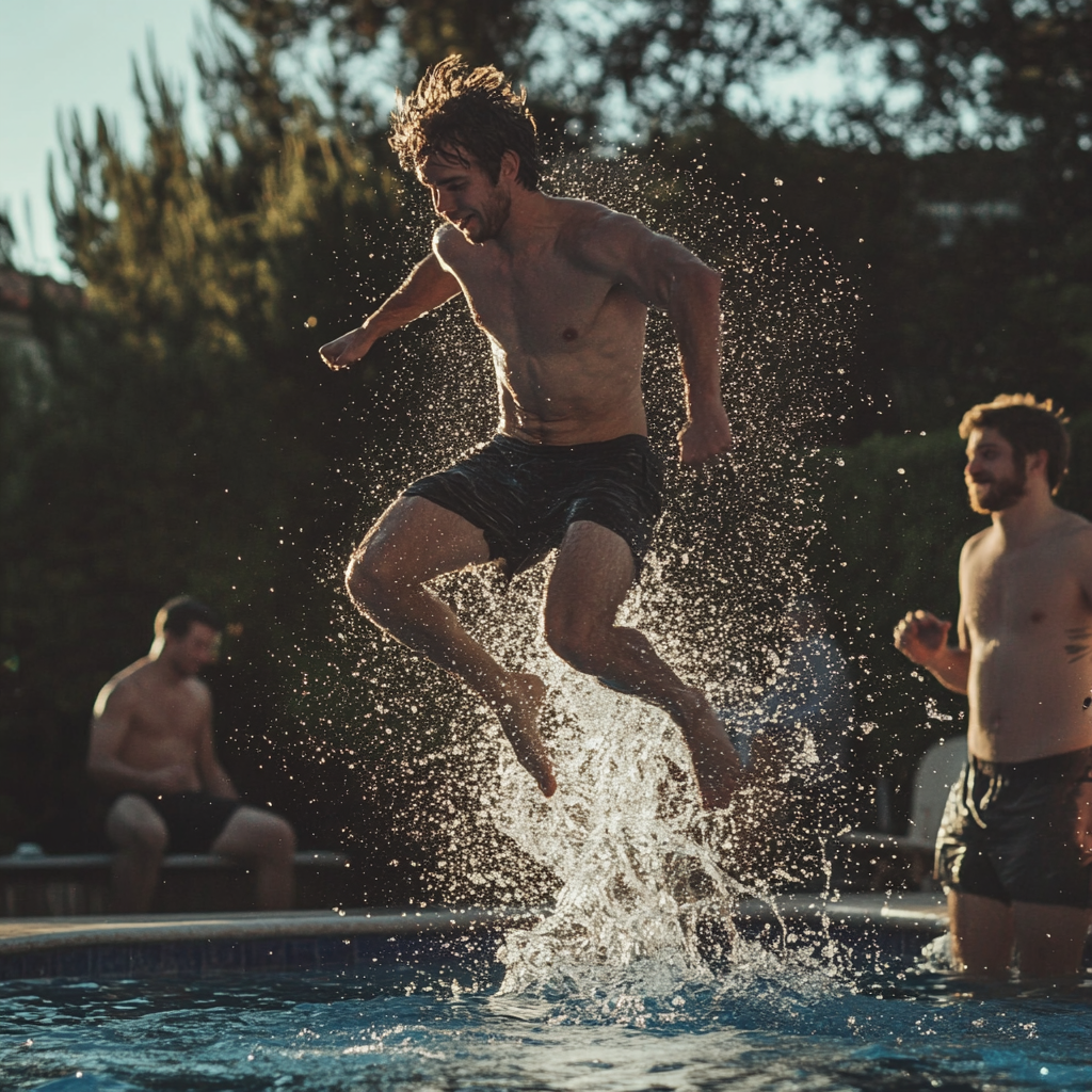 Un hombre saltando a una piscina | Fuente: Midjourney