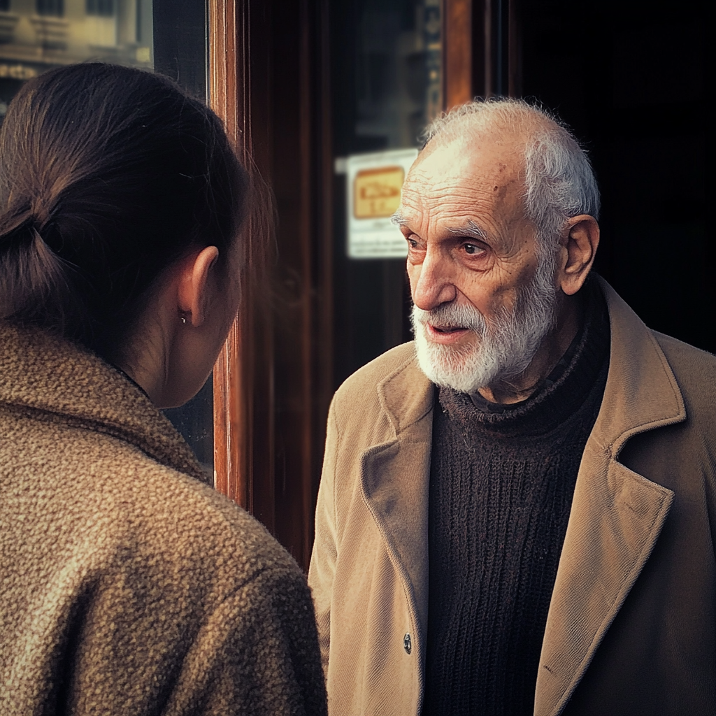 Mujer manteniendo una conversación con un hombre mayor | Fuente: Midjourney