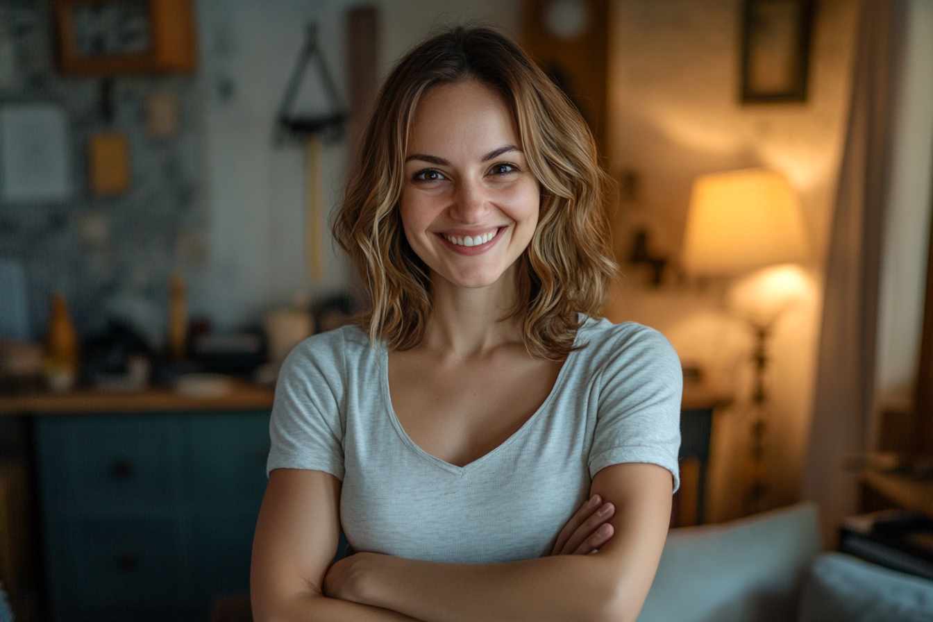 Una mujer con los brazos cruzados sonriendo con satisfacción | Fuente: Midjourney