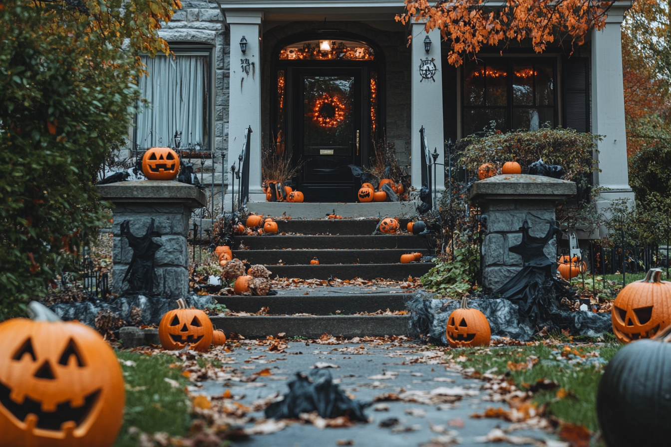 Decoración de Halloween en un porche | Fuente: Midjourney