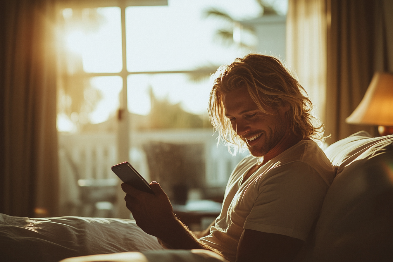 Hombre joven sentado en una cama mirando sonriente su teléfono | Fuente: Midjourney