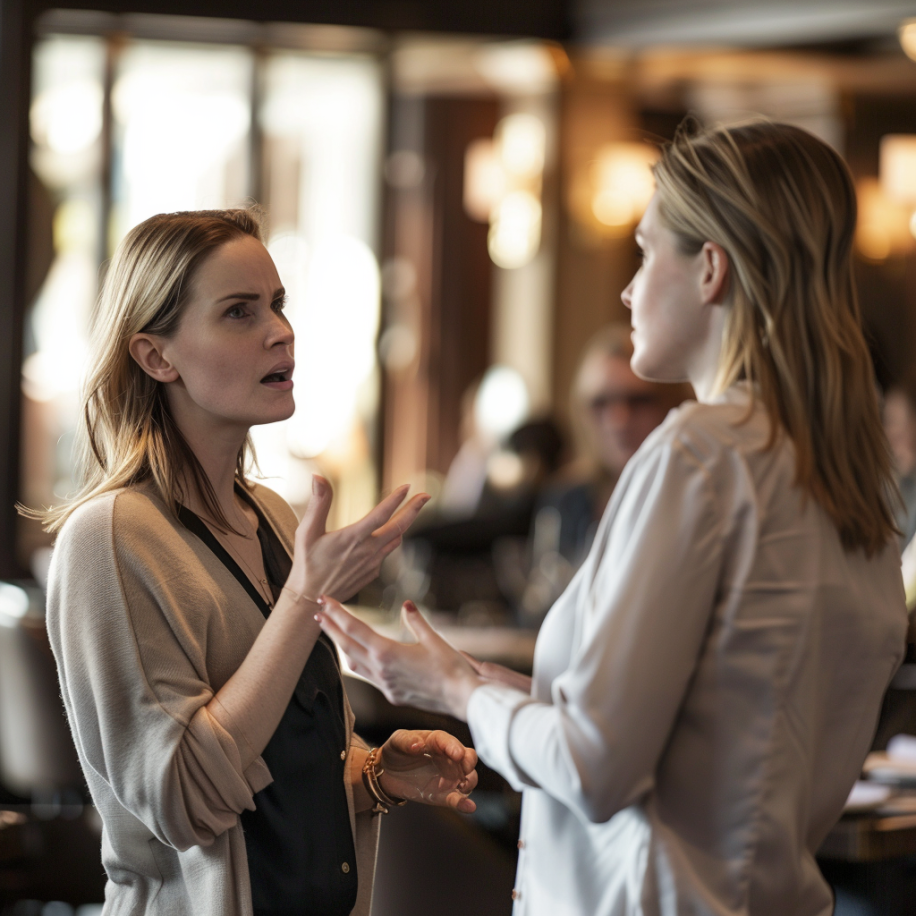 Una mujer enfadada con su amiga en un restaurante | Fuente: Midjourney