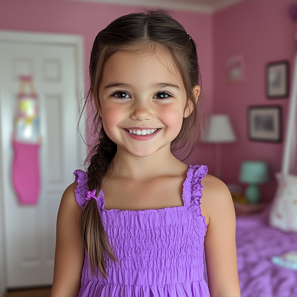 Una niña sonriente de pie en su habitación | Fuente: Midjourney