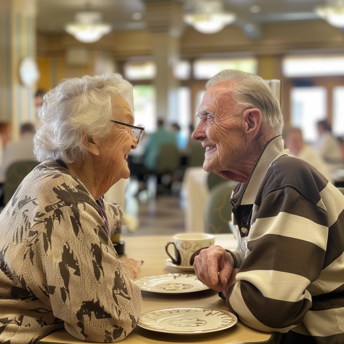 Una pareja de ancianos se reúne en la cafetería de una residencia | Fuente: Midjourney