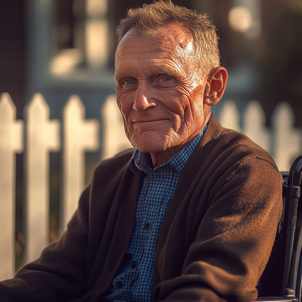 Un anciano sonriente sentado en una silla de ruedas delante de su casa | Fuente: Midjourney