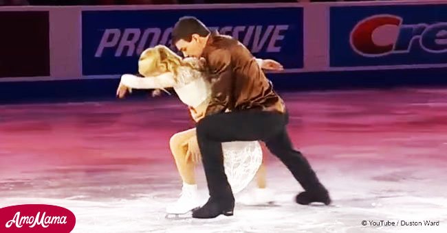 Esposo abraza a pareja sobre hielo. Luego comienza la música, y su talento asombra a todos