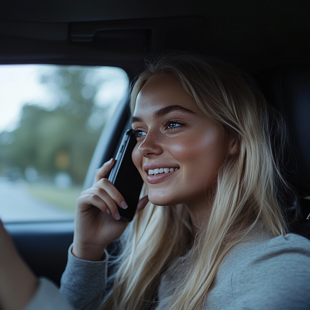 Una mujer sonriente hablando por teléfono mientras conduce | Fuente: Midjourney