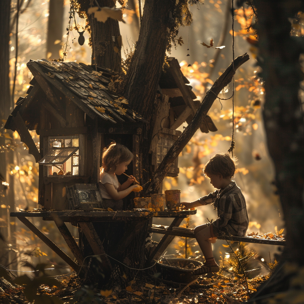 Niños trabajando en la construcción de una casa en un árbol | Fuente: Midjourney