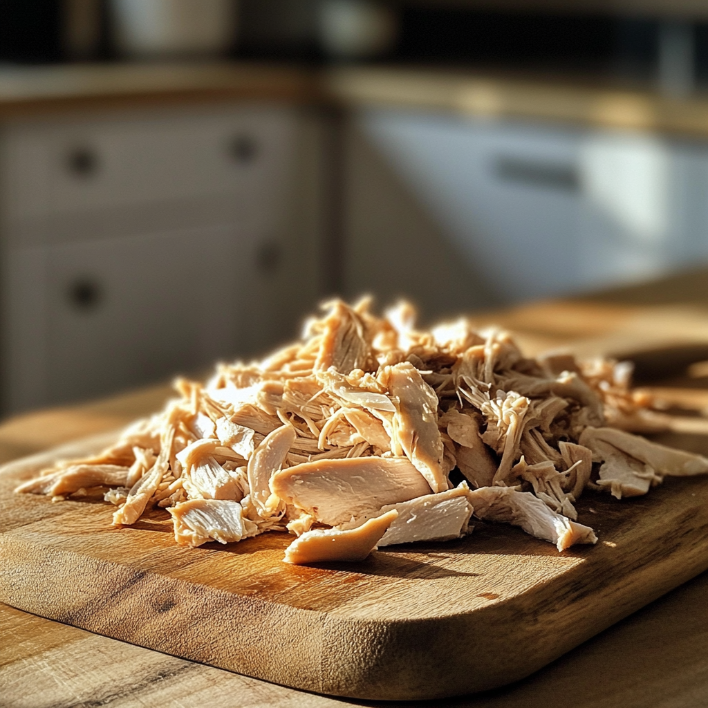 Pollo desmenuzado sobre una tabla | Fuente: Midjourney