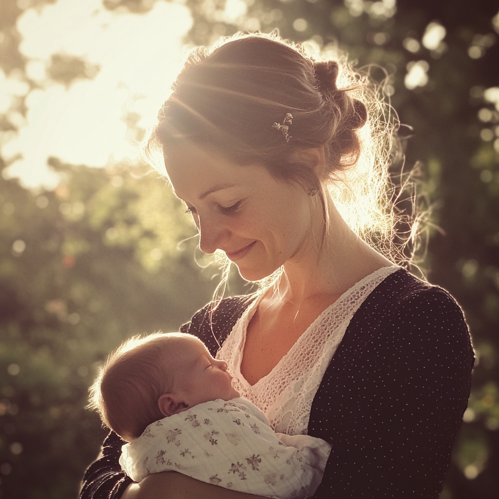 Una mujer sonriente con su bebé en brazos | Fuente: Midjourney