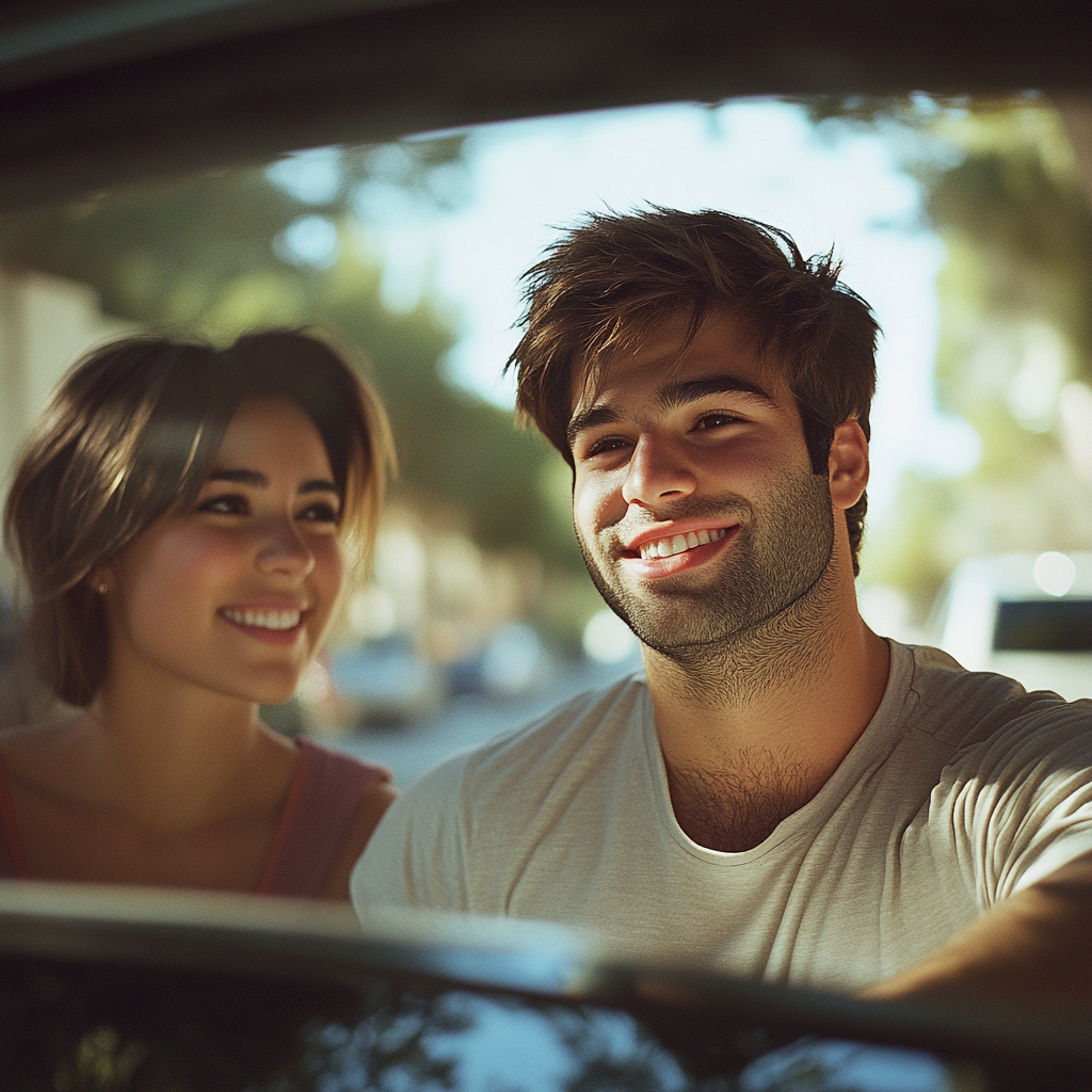 Una pareja en el exterior junto a un auto | Fuente: Midjourney