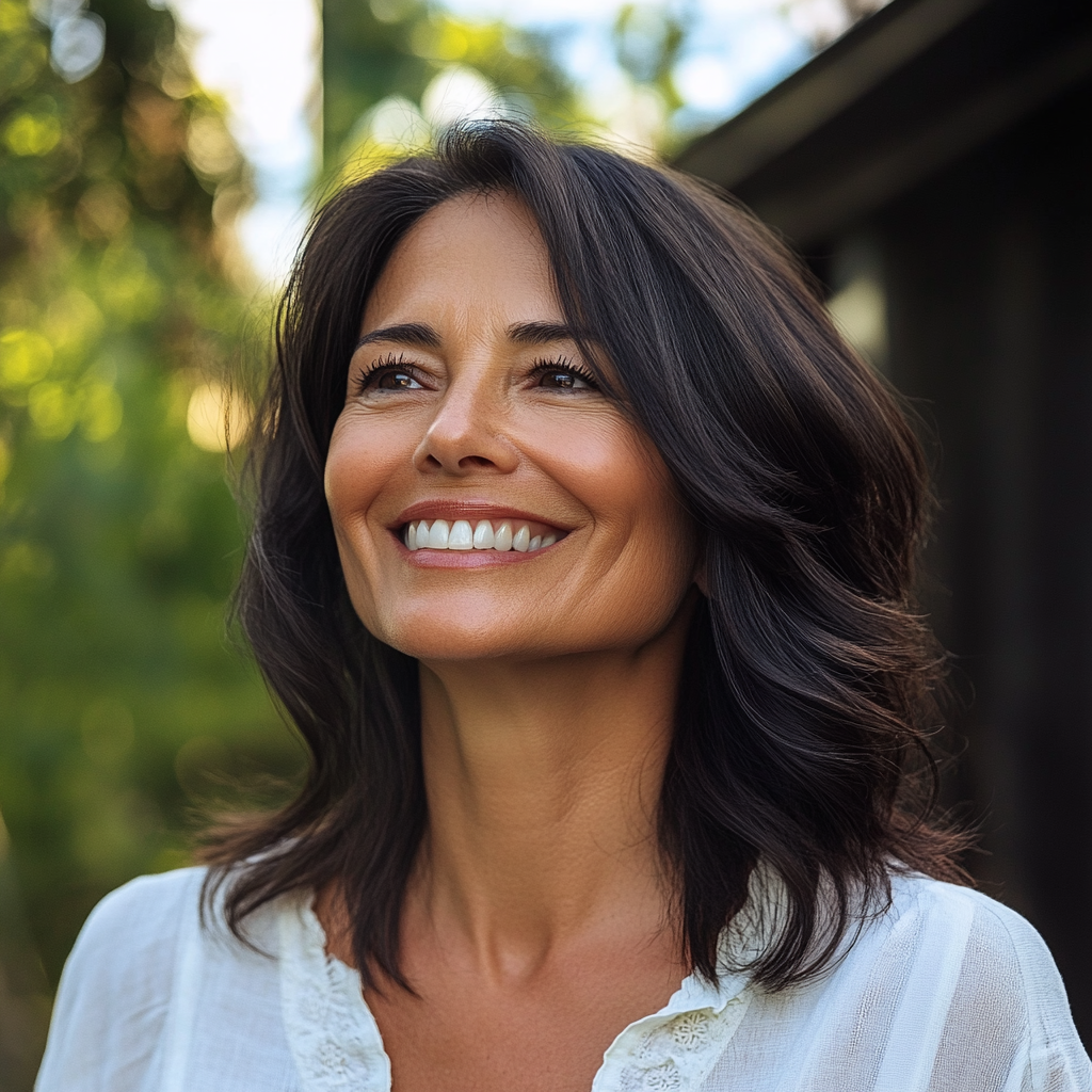 Una mujer sonriente en el exterior | Fuente: Midjourney