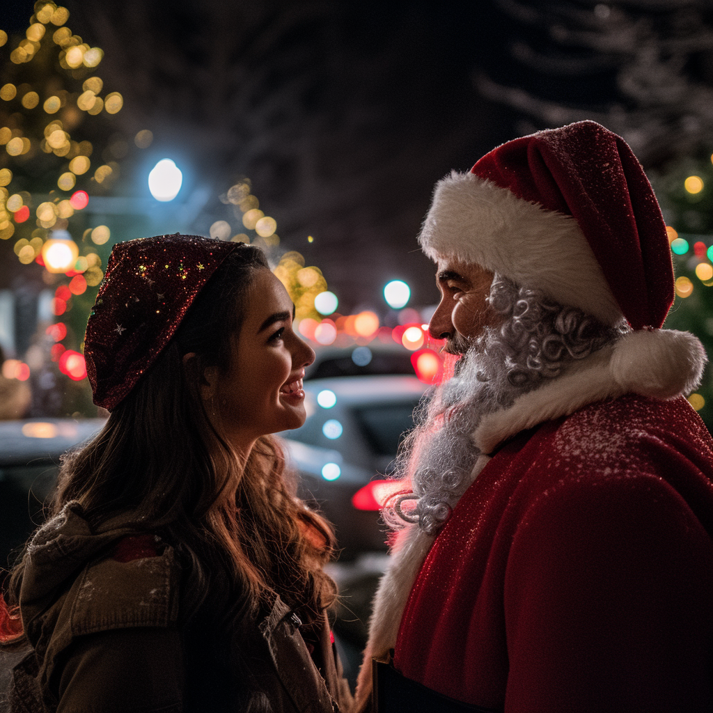 Una mujer hablando con un hombre vestido de Papá Noel | Fuente: Midjourney