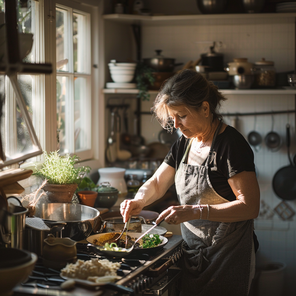 Una mujer mayor cocinando | Fuente: Midjourney