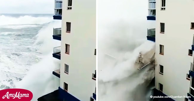 Aterrador instante en que enorme ola azota a edificio, arrasando con balcón de tercer piso