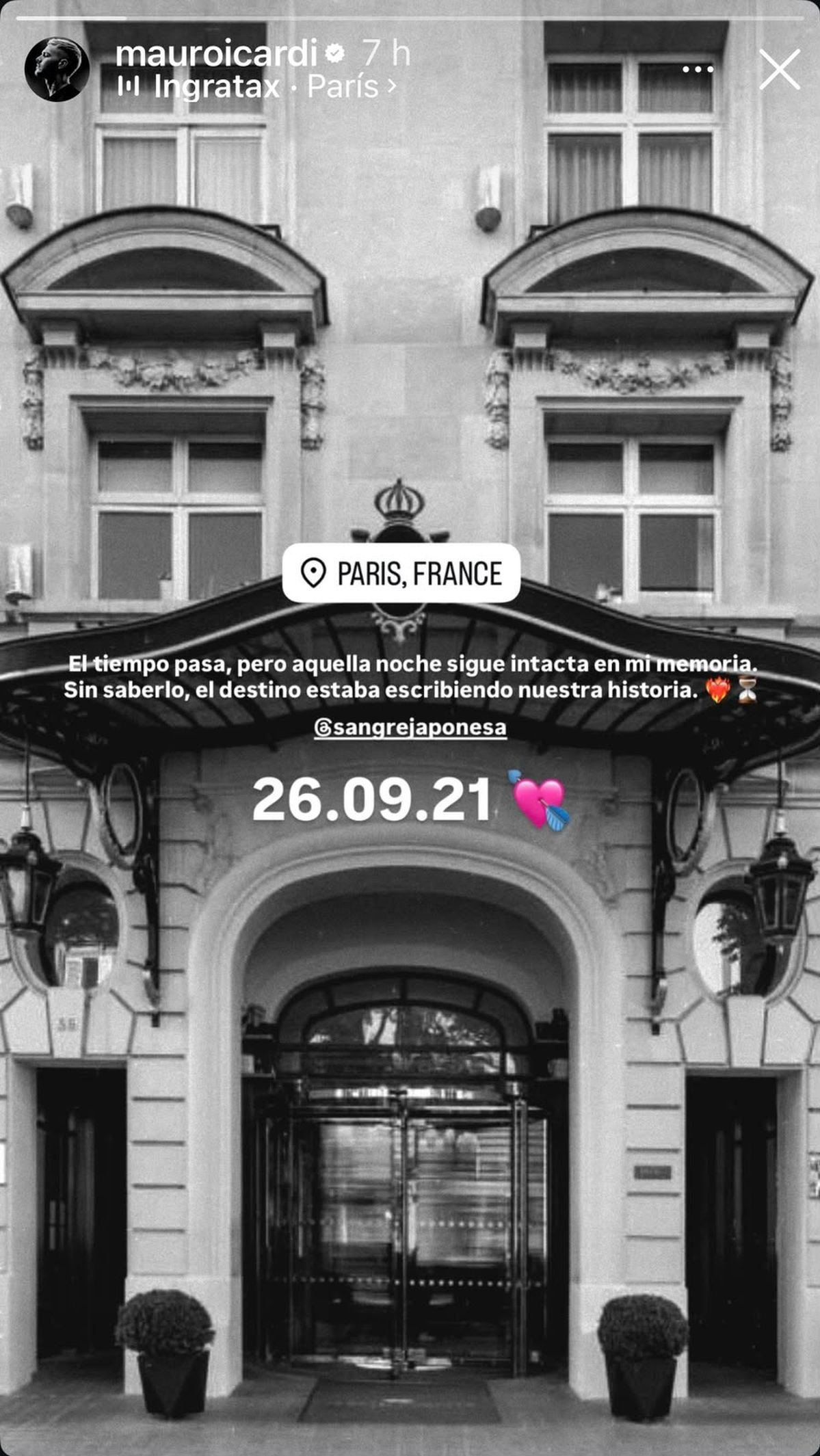 Mauro Icardi compartió una foto del hotel parisino Le Royal Monceau para recordar el comienzo de su vínculo con María Eugenia La China Suárez | Fuente: Instagram Stories/mauroicardi