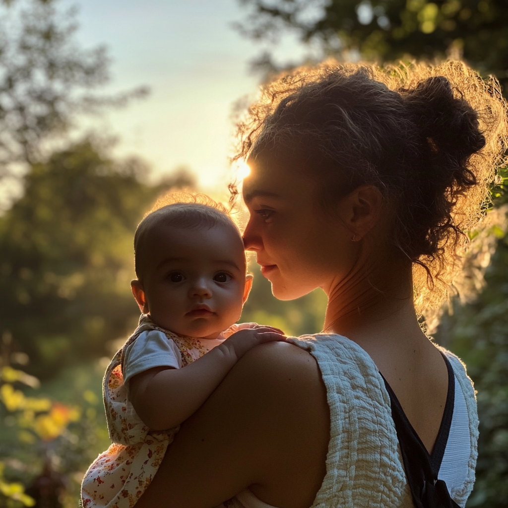 Mujer joven llevando a su bebé | Fuente: Midjourney