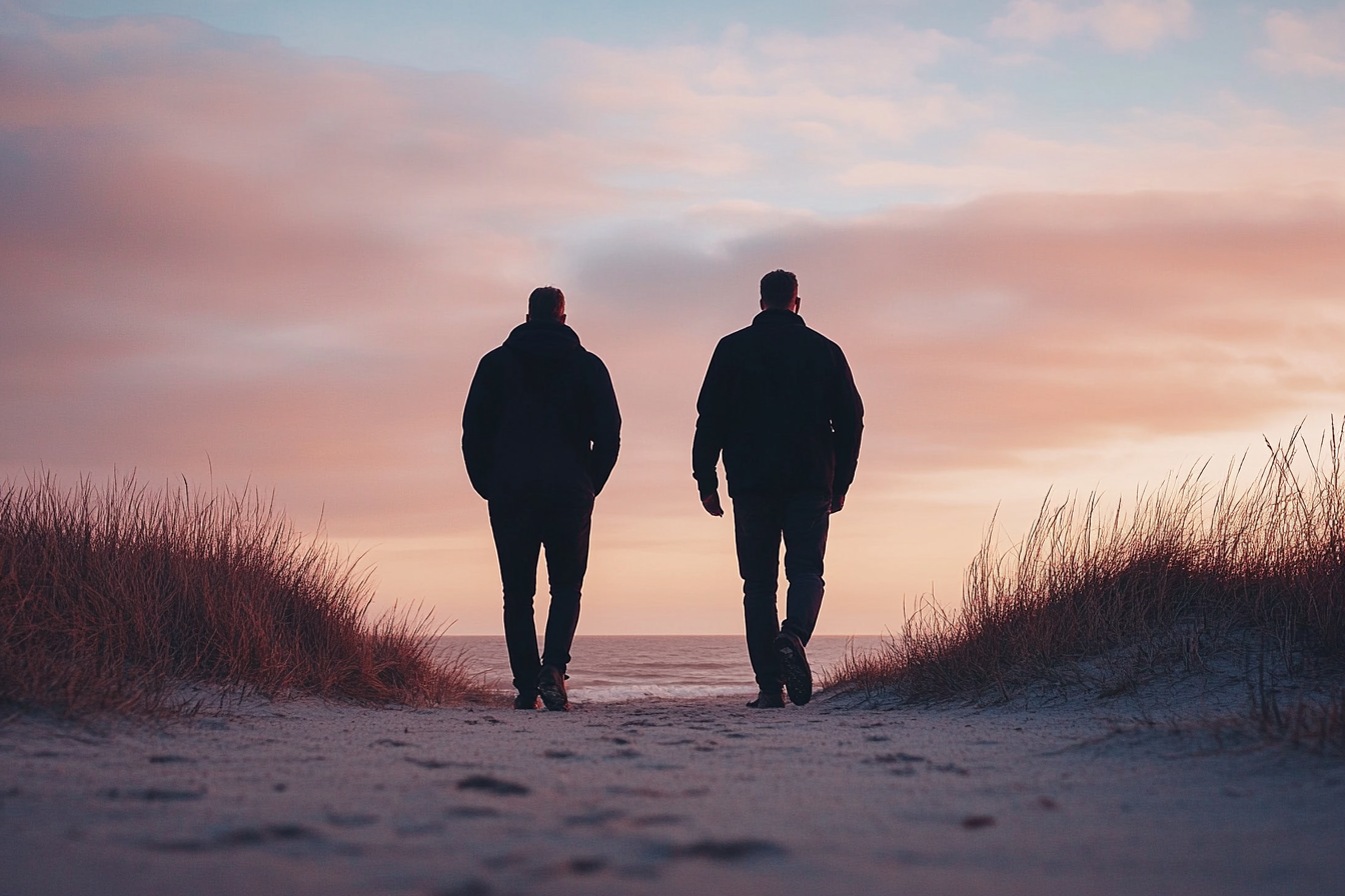 Dos hombres caminando por un sendero hacia una playa | Fuente: Midjourney