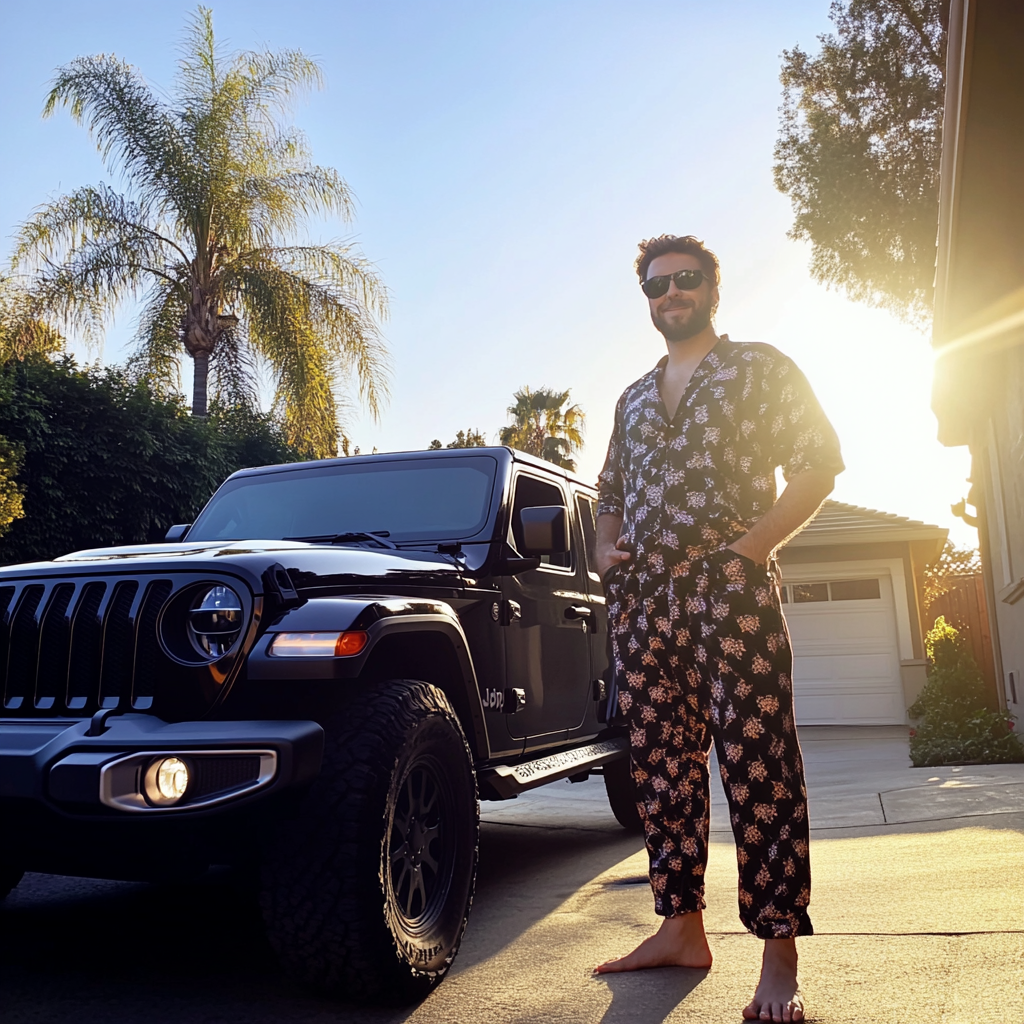 Un hombre junto a un Jeep en pijama | Fuente: Midjourney