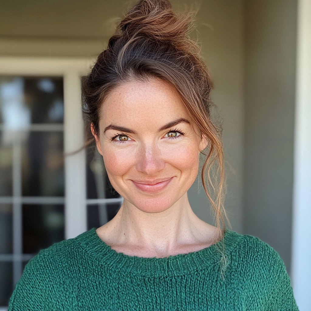 Una mujer sonriente con un jersey verde | Fuente: Midjourney