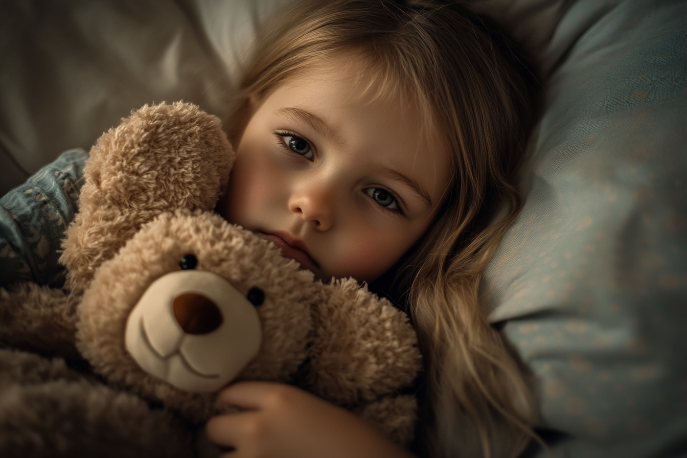 Una niña triste abrazando a un osito de peluche en la cama | Fuente: Midjourney