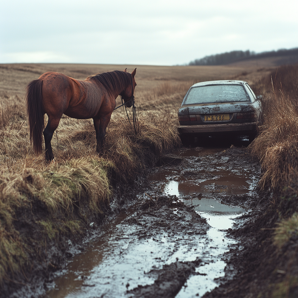 Un caballo junto a un Automóvil en una zanja | Fuente: Midjourney