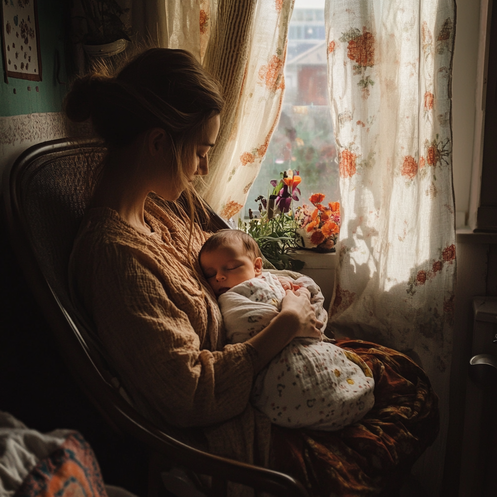 Madre acunando a su bebé recién nacido | Fuente: Midjourney