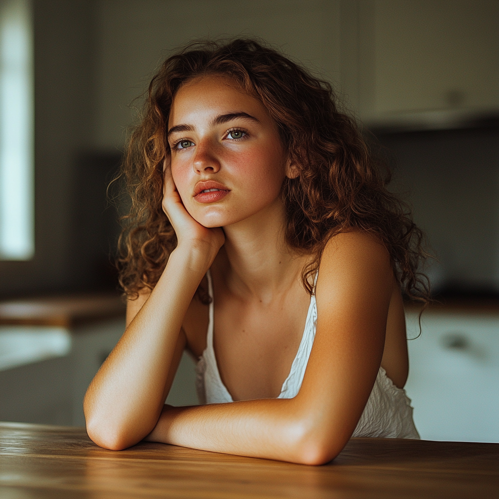 Una joven sentada a la mesa de la cocina | Fuente: Midjourney