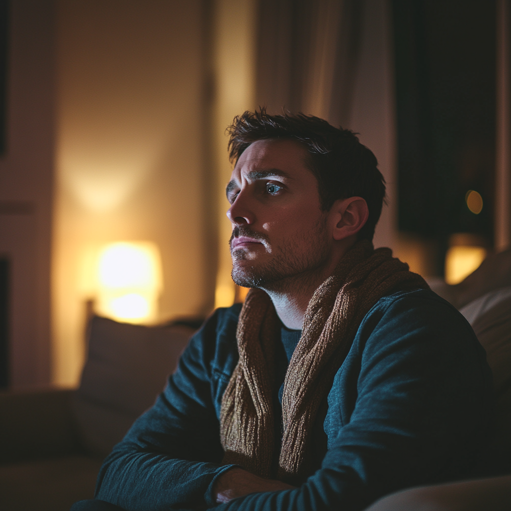 Un hombre parece curioso y preocupado mientras mira a alguien | Fuente: Midjourney