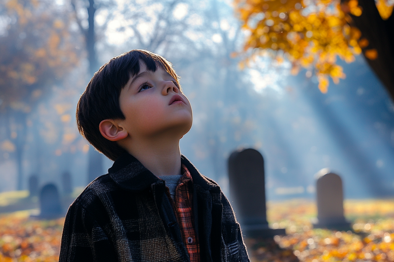 Un niño en un cementerio mirando a alguien | Fuente: Midjourney