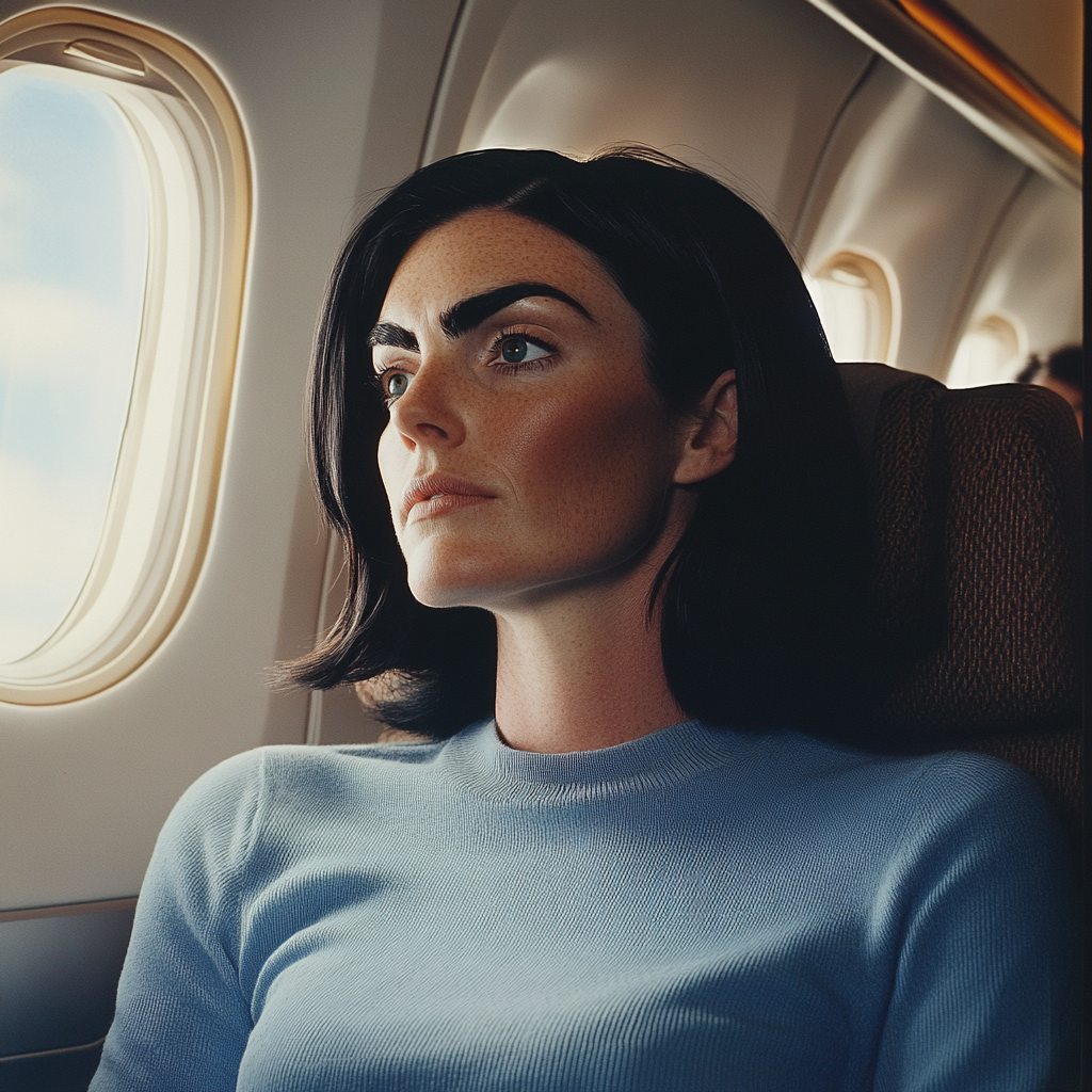 Una mujer mirando pensativa por la ventanilla de un avión | Fuente: Midjourney