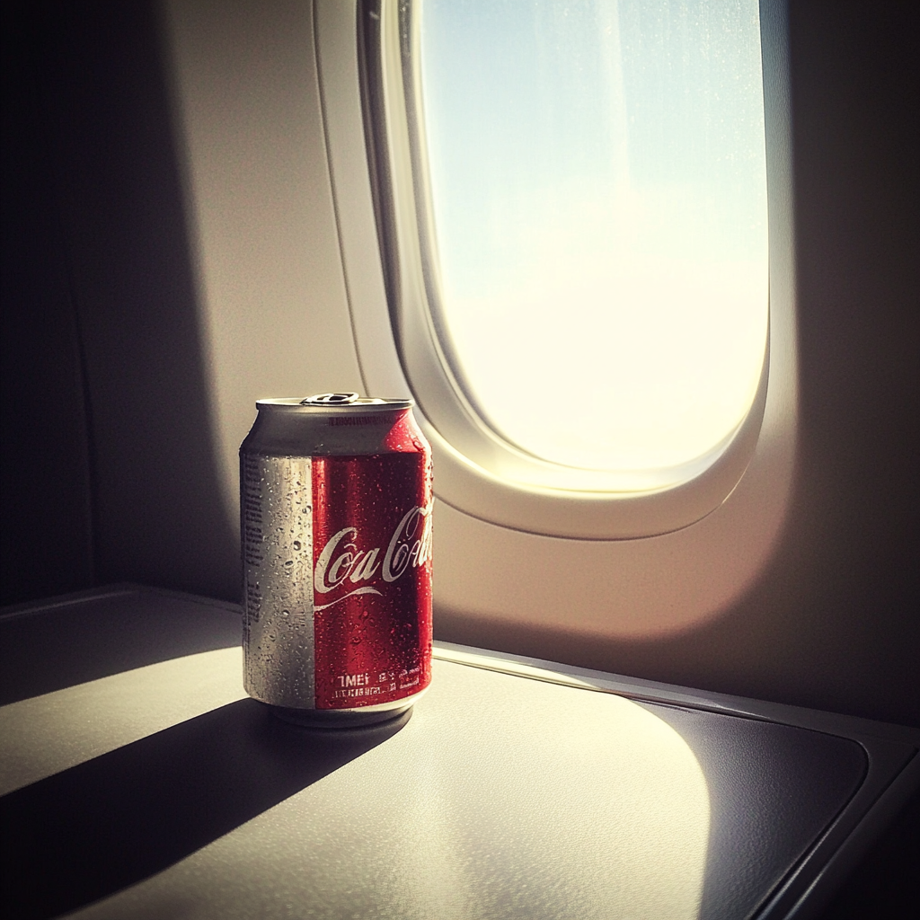 Una lata de refresco en la mesa de un avión | Fuente: Midjourney