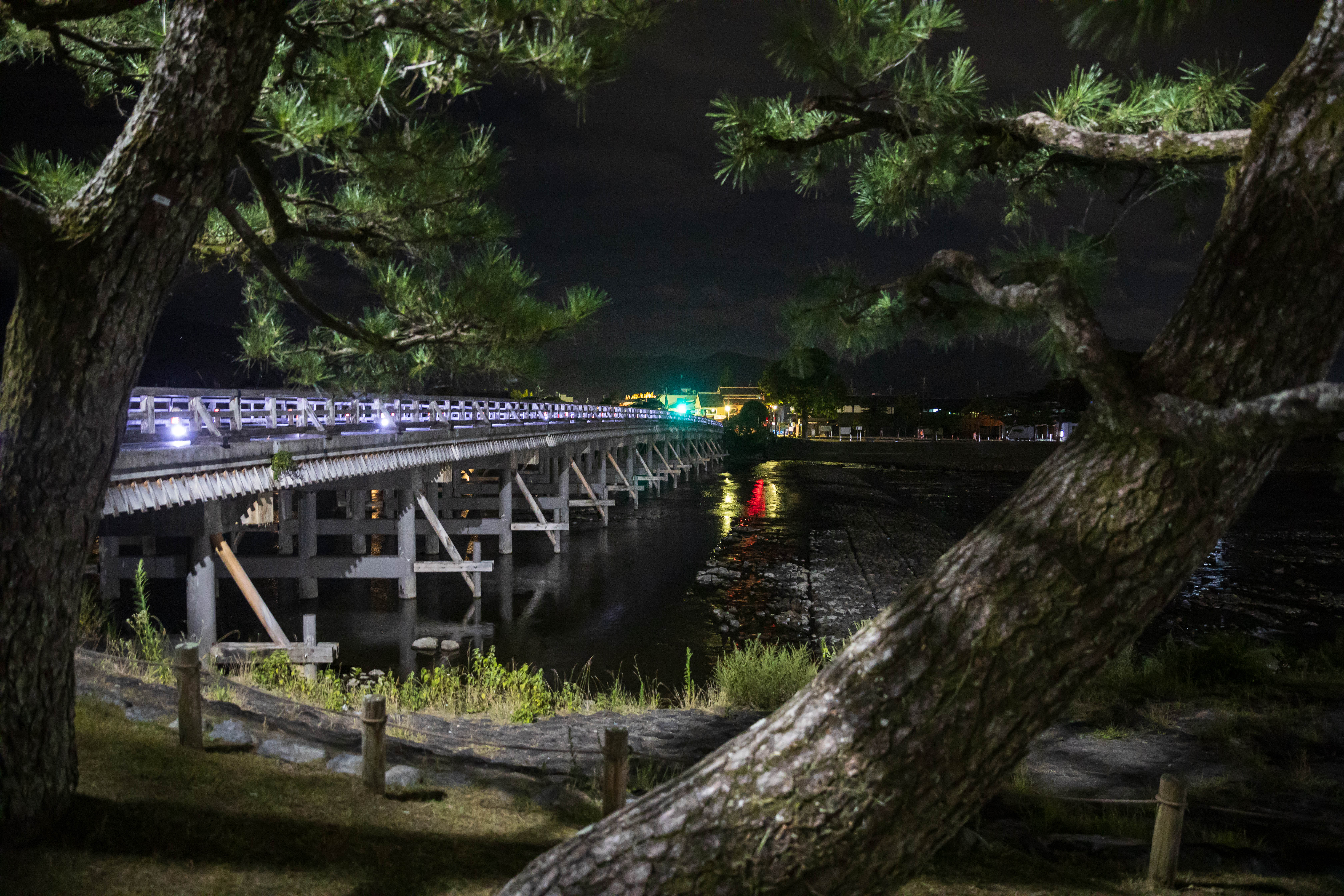 Vista nocturna de un puente de madera tradicional | Fuente: Shutterstock.com