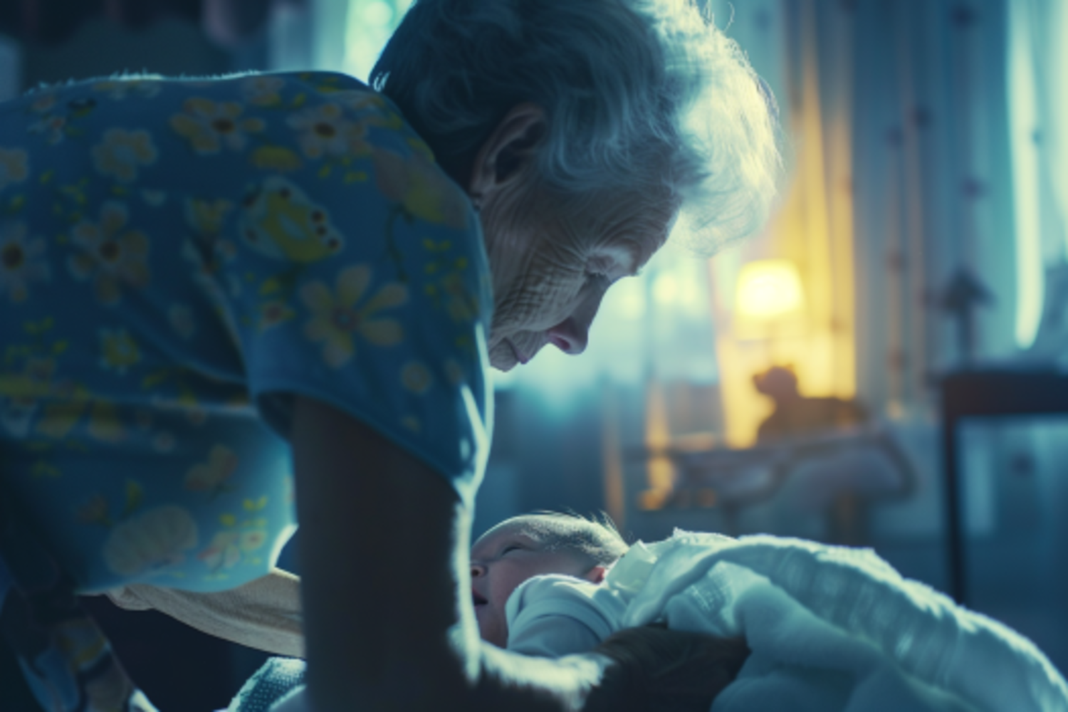 Abuela atendiendo a un bebé | Fuente: Midjourney