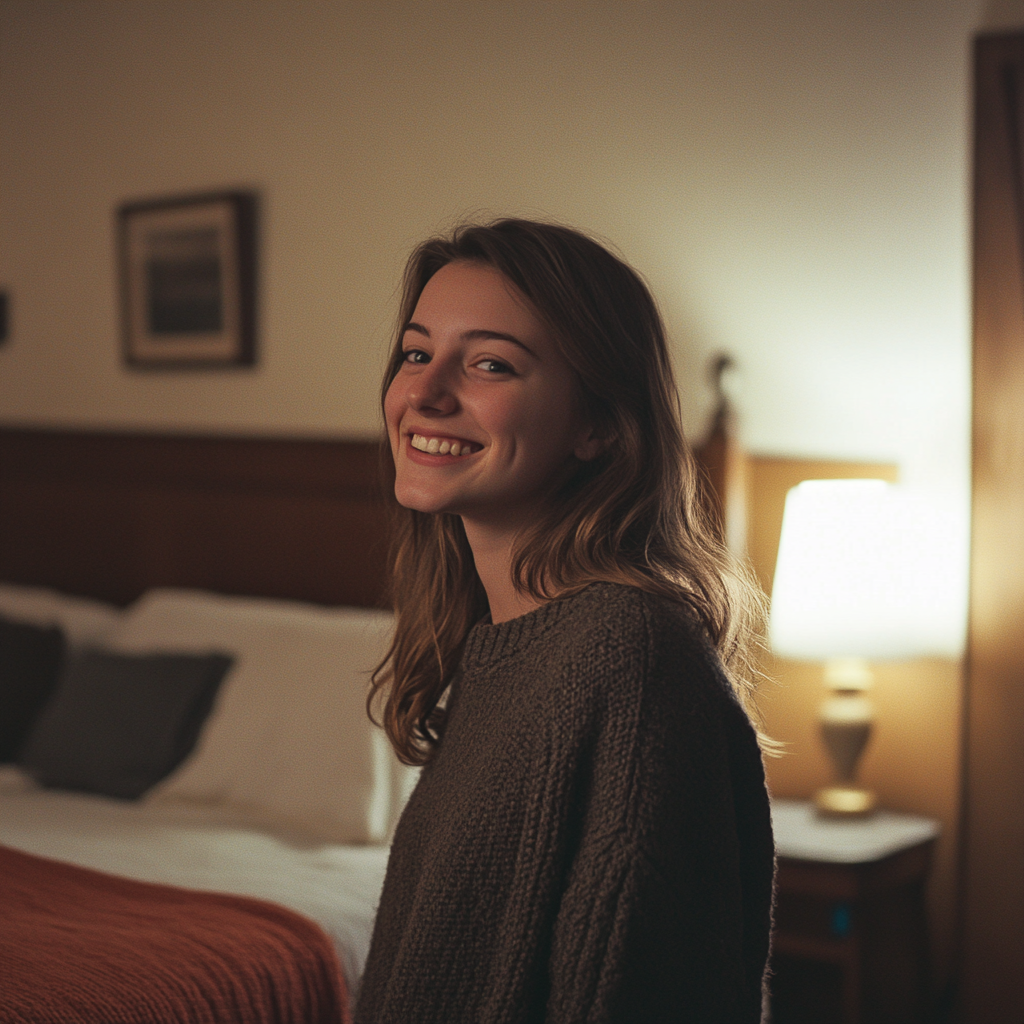 Una mujer sonriente en una habitación de motel | Fuente: Midjourney