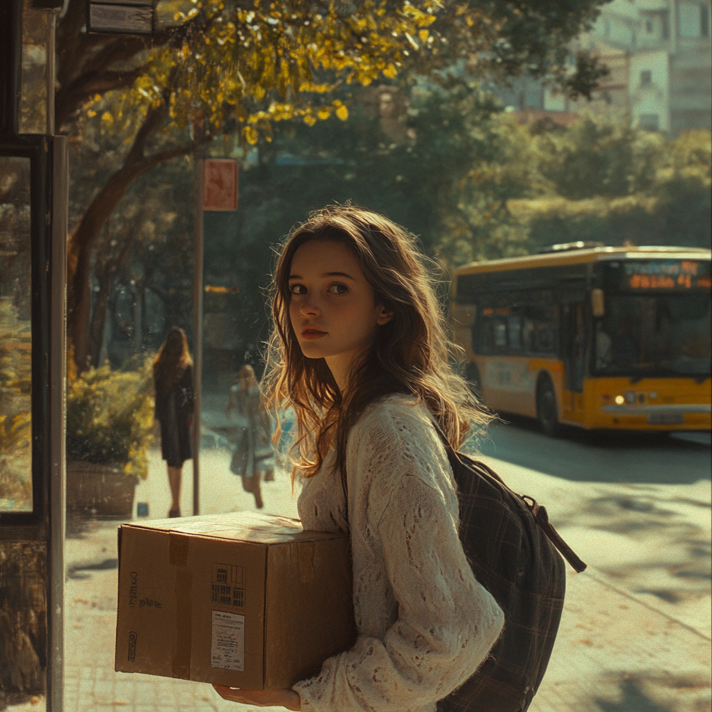 Una mujer hablando en una parada de autobús con una caja | Fuente: Midjourney