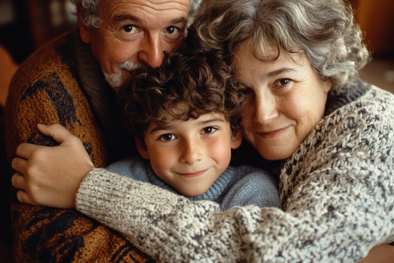 Un niño abrazando a sus abuelos | Fuente: Midjourney