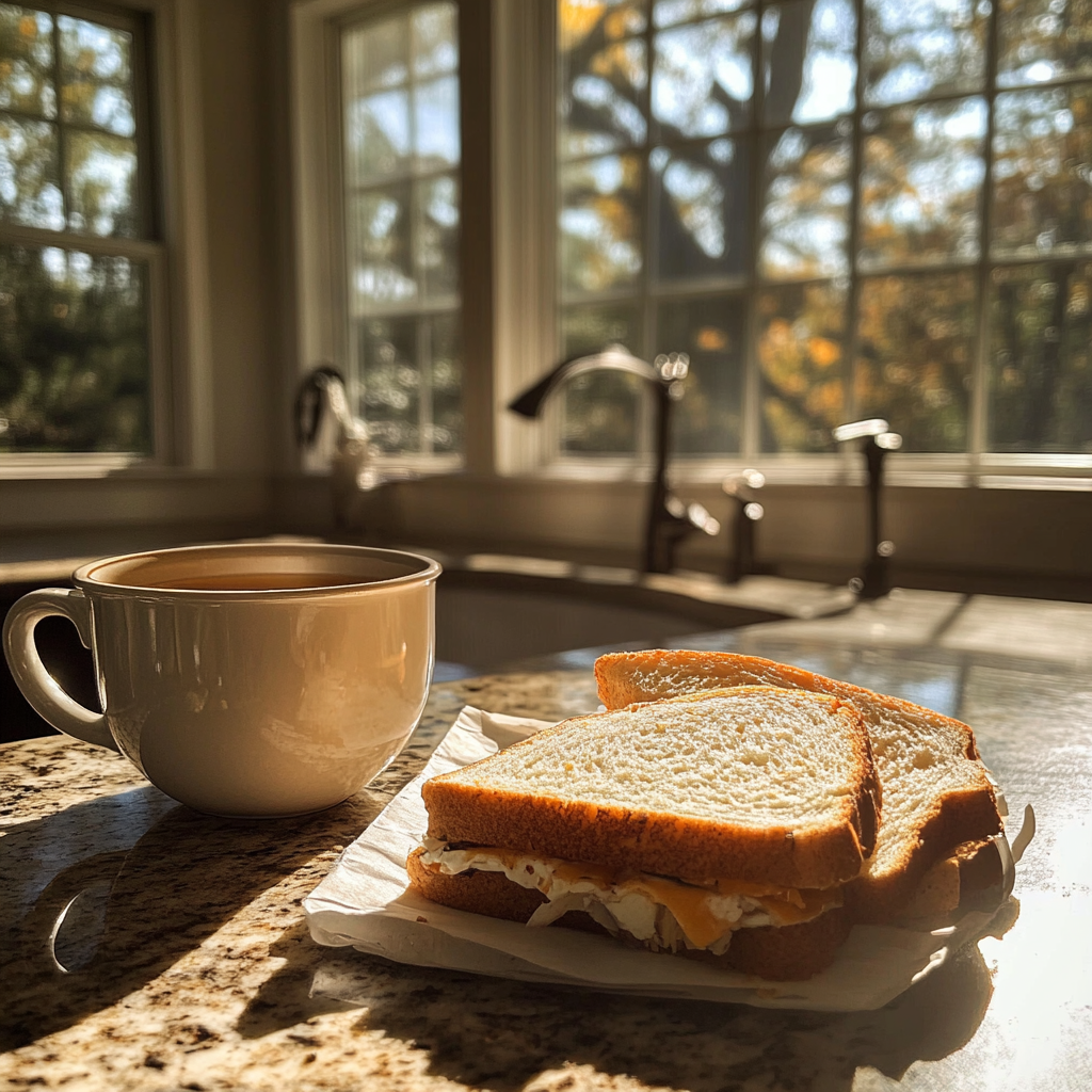 Un bocadillo y una taza de té en un mostrador | Fuente: Midjourney