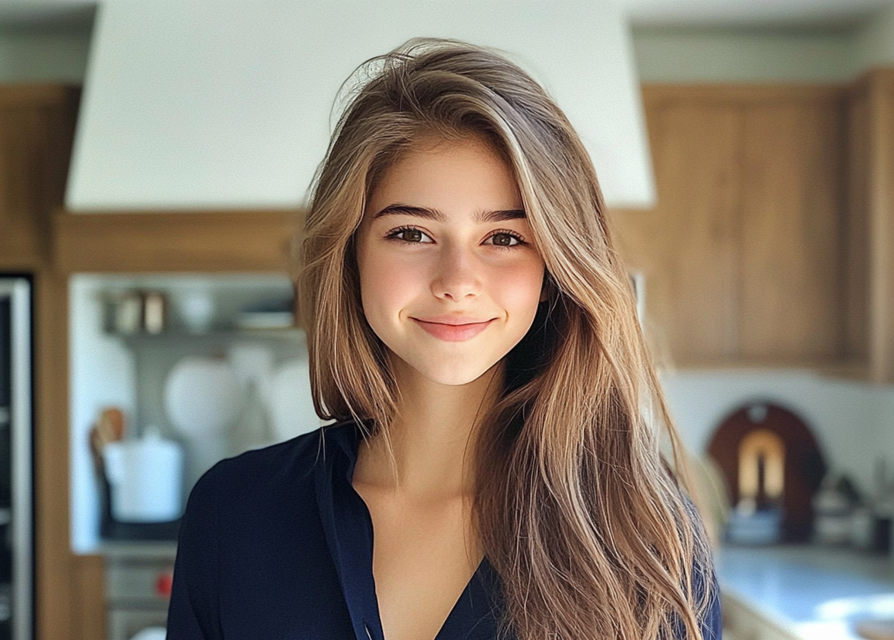 Una joven sonriente de pie en una cocina | Fuente: Midjourney