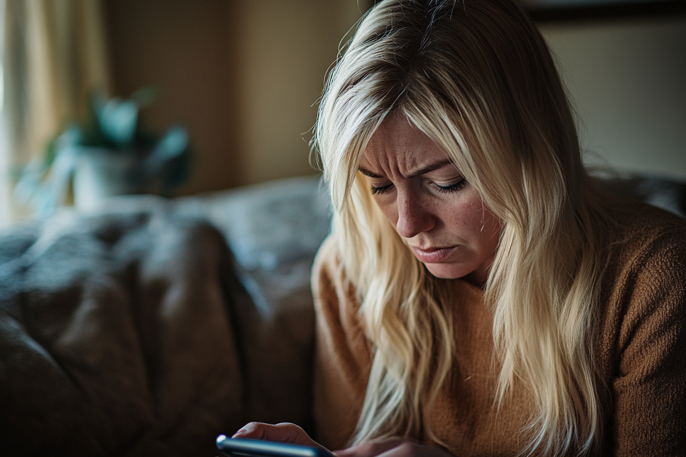 Una mujer frunciendo el ceño ante su teléfono | Fuente: Midjourney