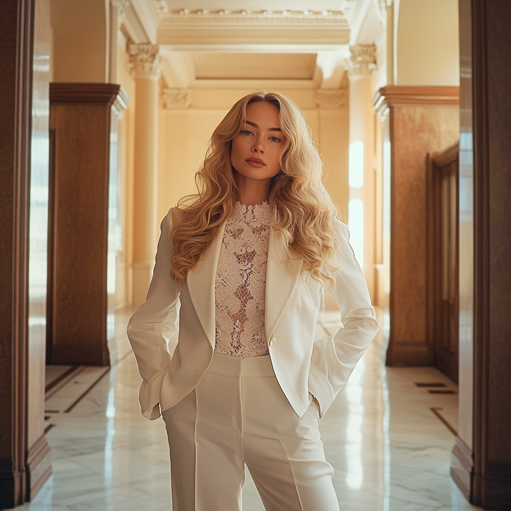 Una mujer con un traje pantalón blanco | Fuente: Midjourney